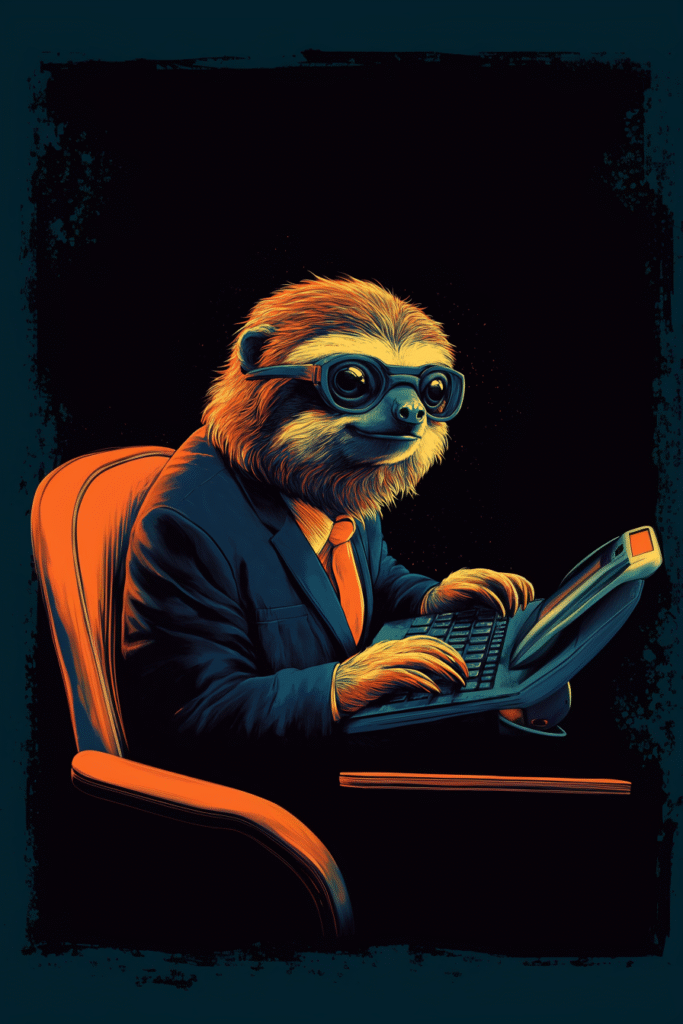 A sloth in a business suit and glasses sits at a computer terminal.